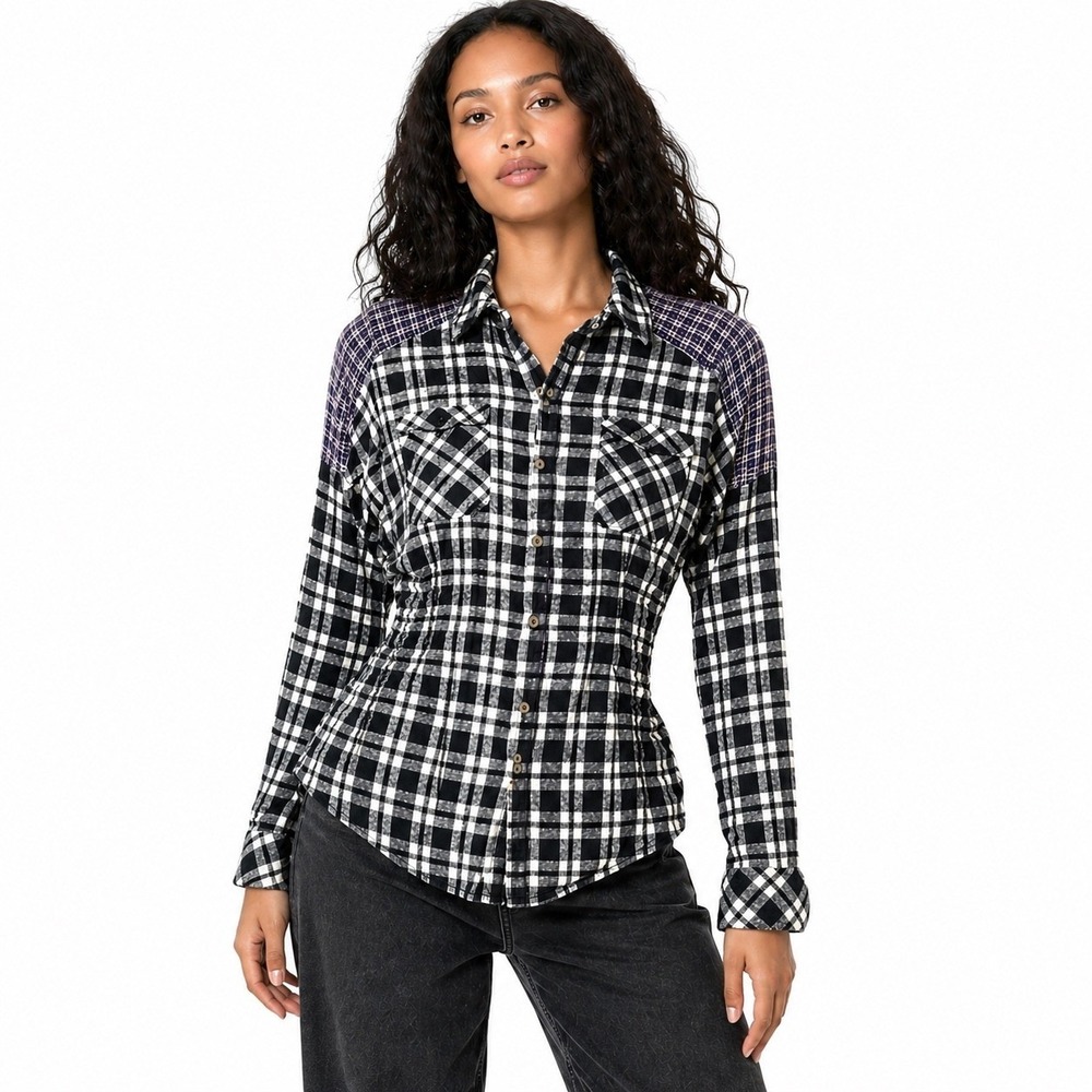 Free People Women Black Catch Up With Me Plaid Pleated Shirt M Grunge 90s Rustic